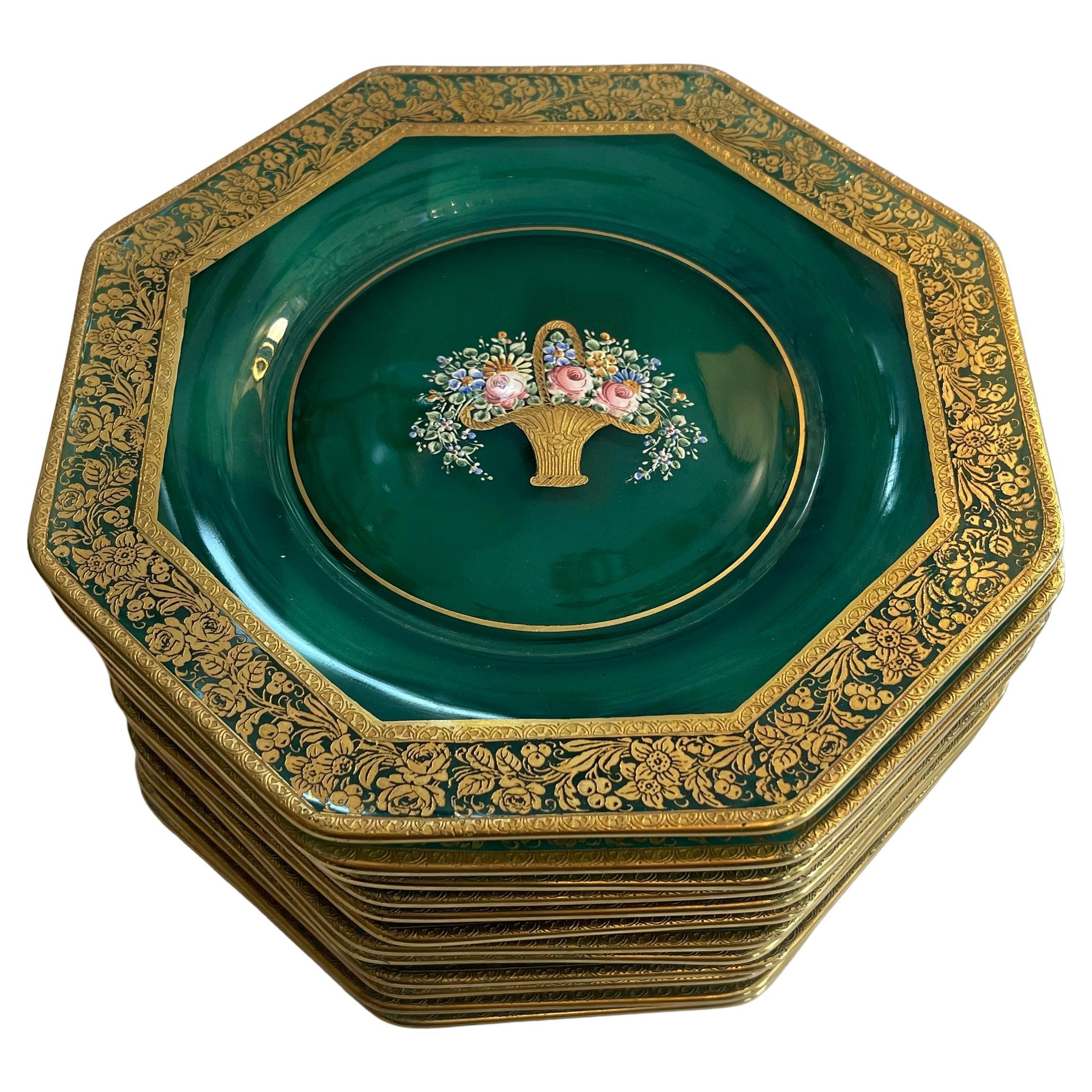 Wonderful Service 12 Moser Raised Gold Hand Painted Green Glass Dessert Plates  For Sale
