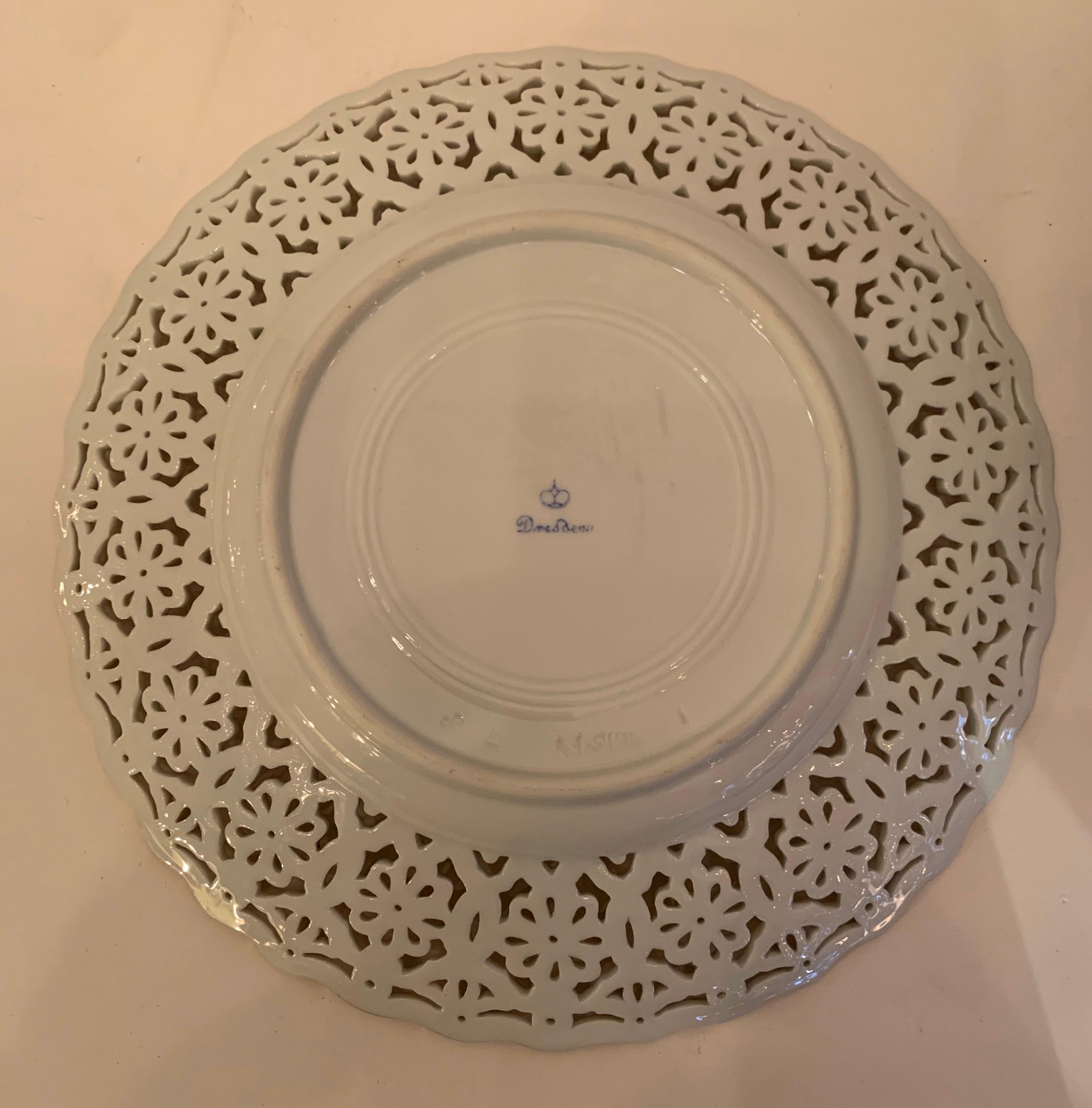 Belle Époque Wonderful Service for 12 Pierced Hand Painted Porcelain Dresden Dessert Plates For Sale