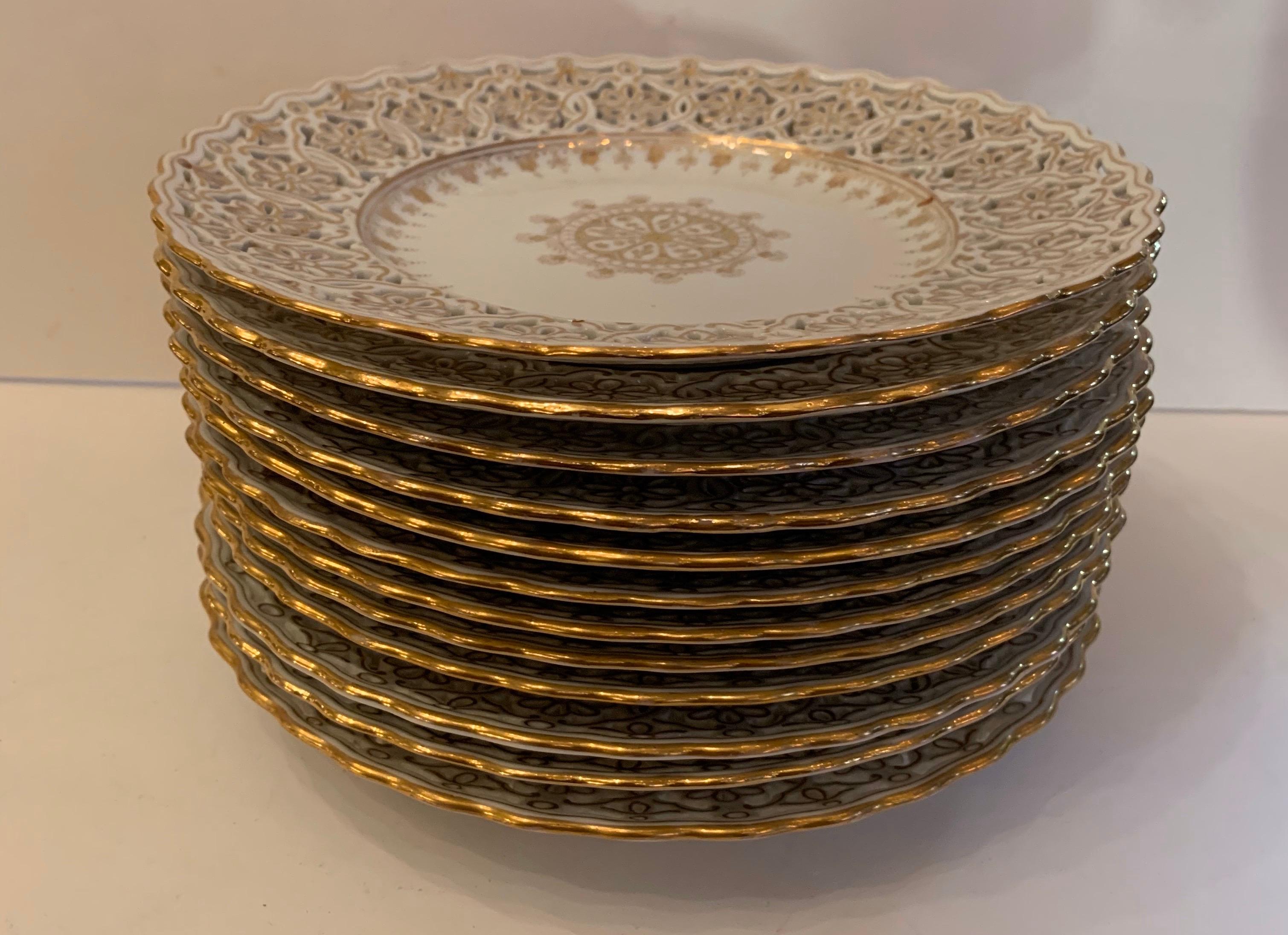 German Wonderful Service for 12 Pierced Hand Painted Porcelain Dresden Dessert Plates
