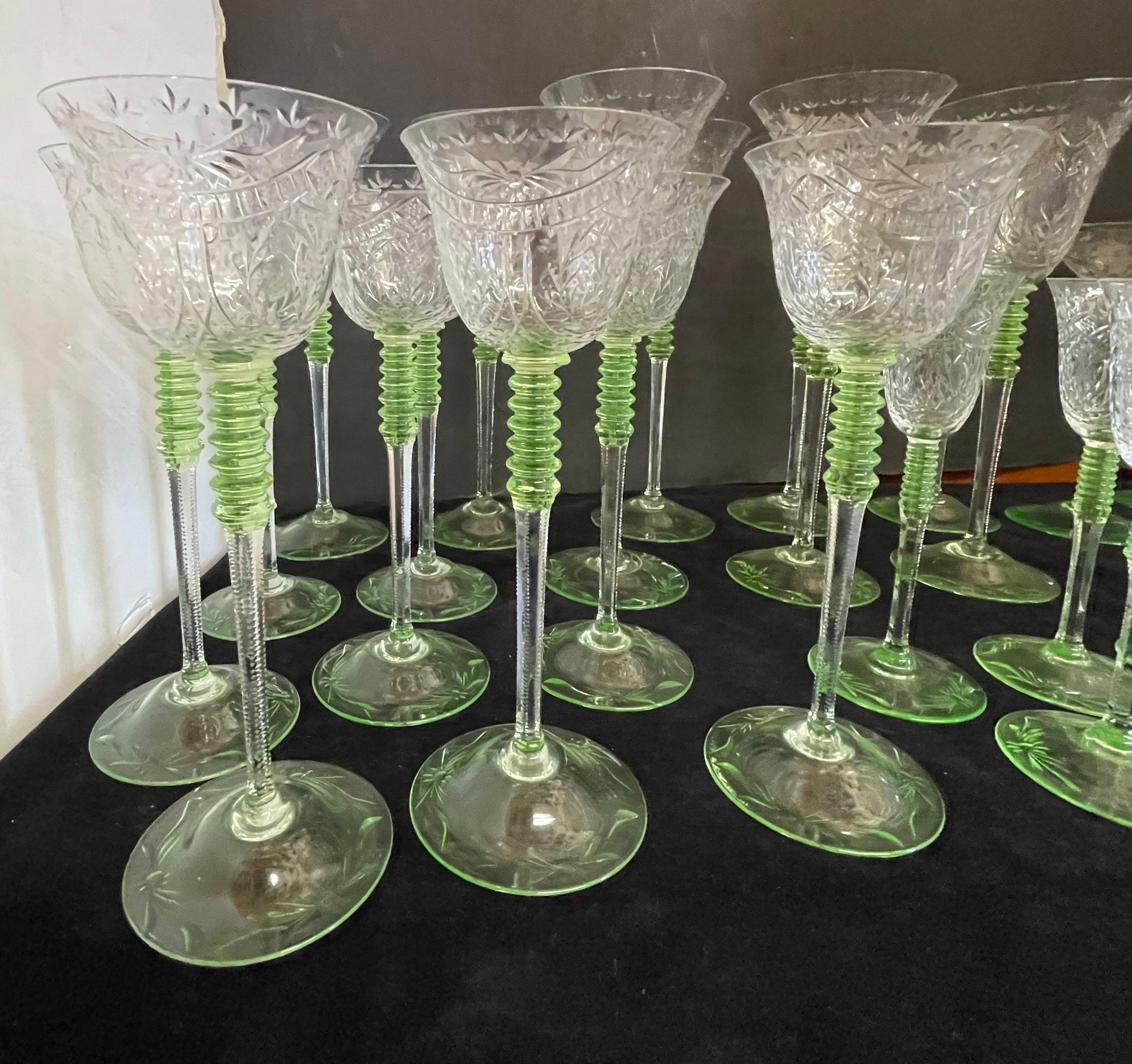 Belle Époque Wonderful Service 40 Bohemian Green Tinted Cut Crystal Bar Glasses Stemware  For Sale
