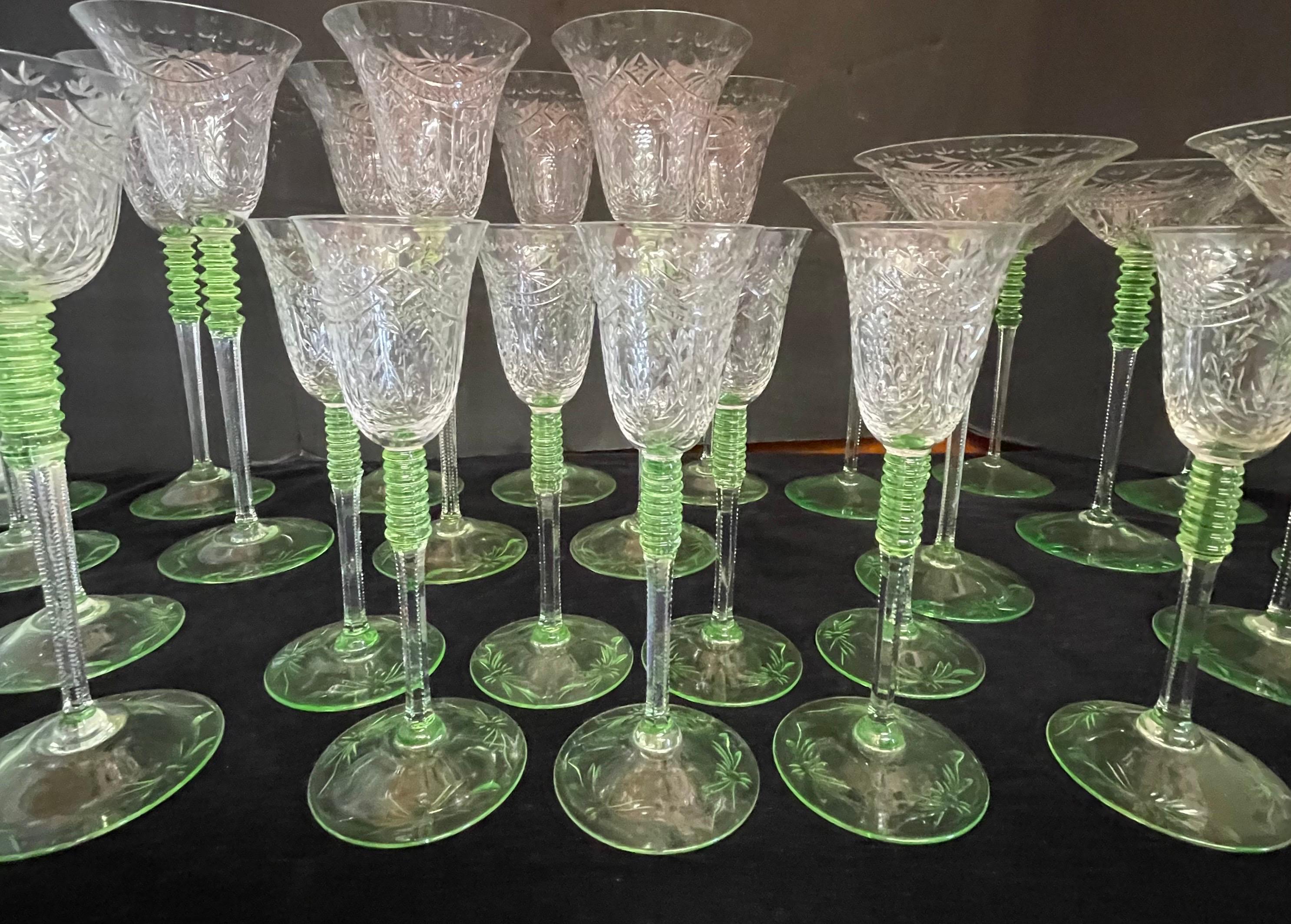 European Wonderful Service 40 Bohemian Green Tinted Cut Crystal Bar Glasses Stemware  For Sale