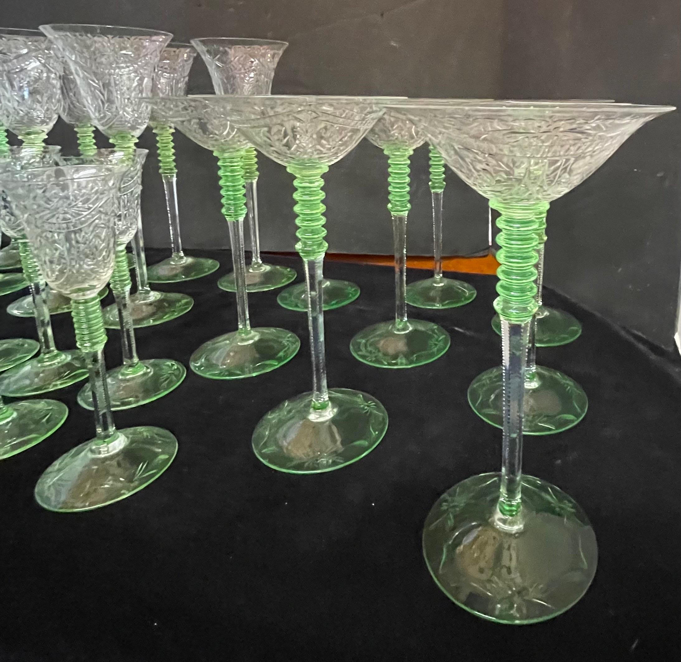 Etched Wonderful Service 40 Bohemian Green Tinted Cut Crystal Bar Glasses Stemware  For Sale