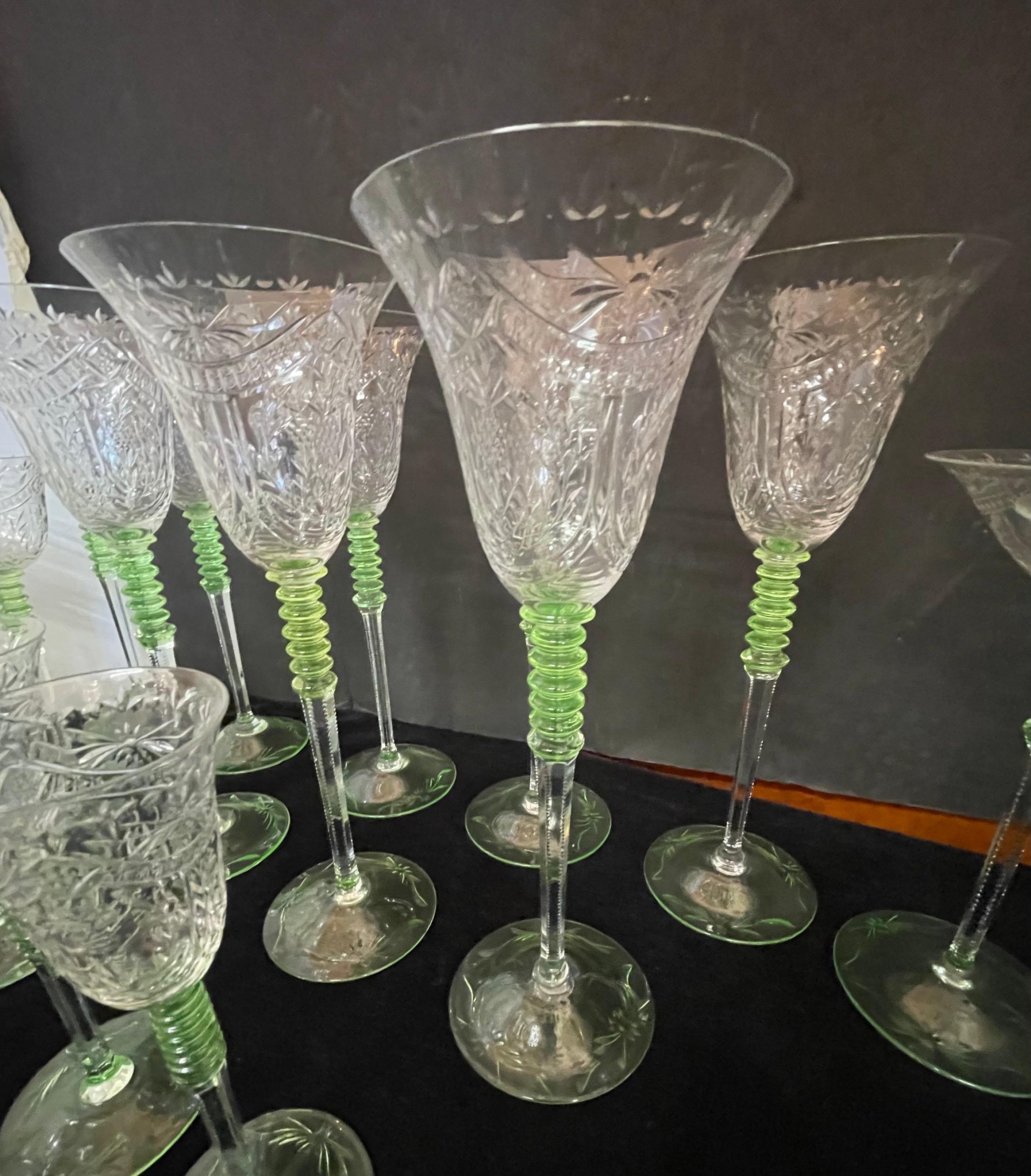 Wonderful Service 40 Bohemian Green Tinted Cut Crystal Bar Glasses Stemware  In Good Condition For Sale In Roslyn, NY