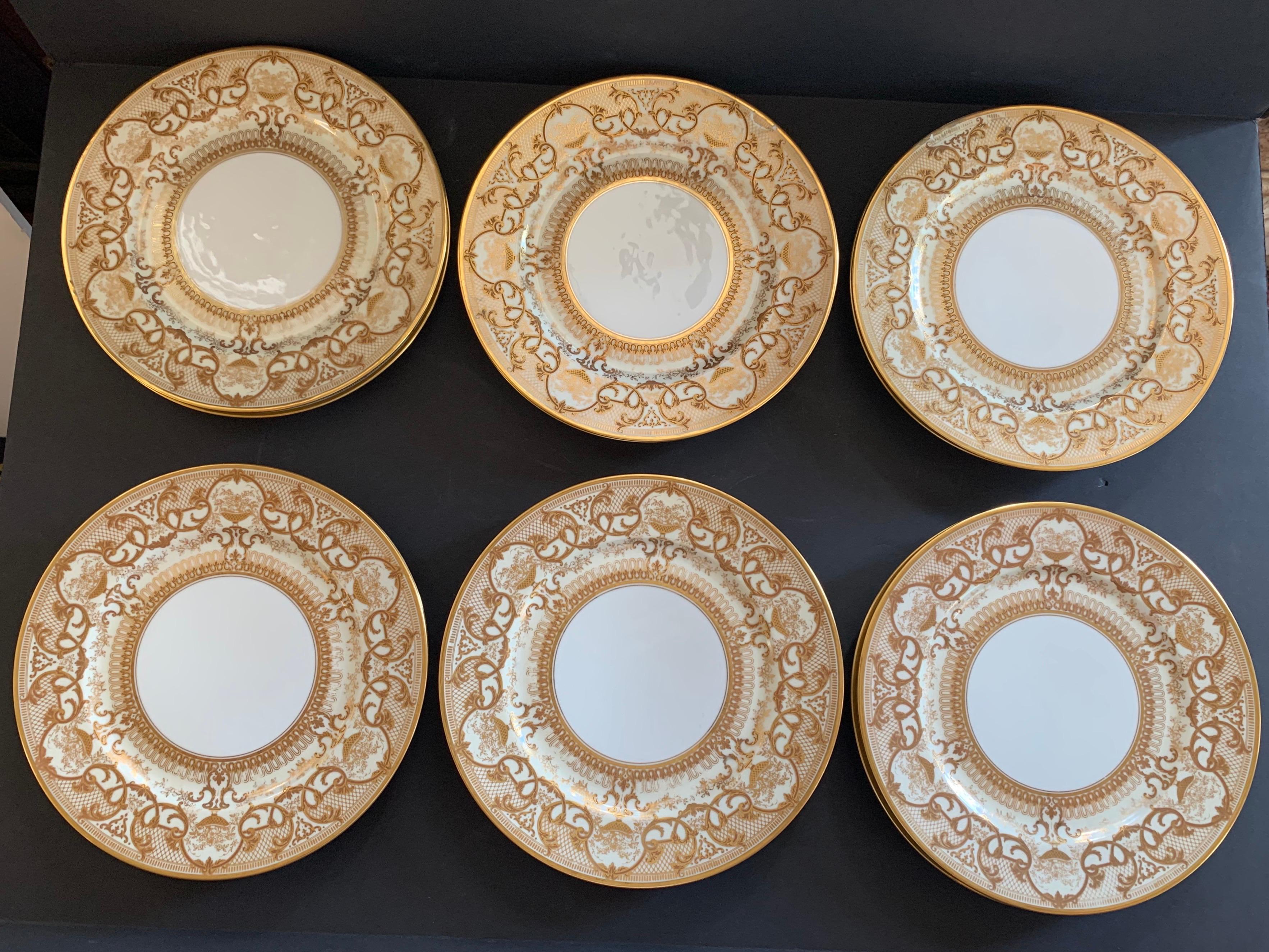 French Wonderful Service Plates Set 12 Limoges France White Gold Flower Bouquet Dishes 