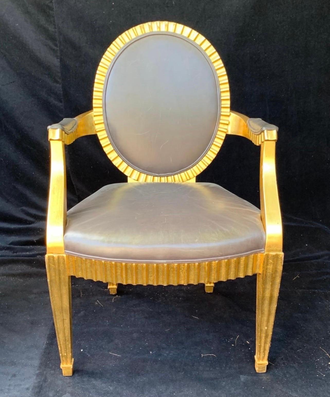 Mid-Century Modern Magnifique ensemble de 10 chaises Grand Soleil John Hutton Donghia en cuir gris et or doré