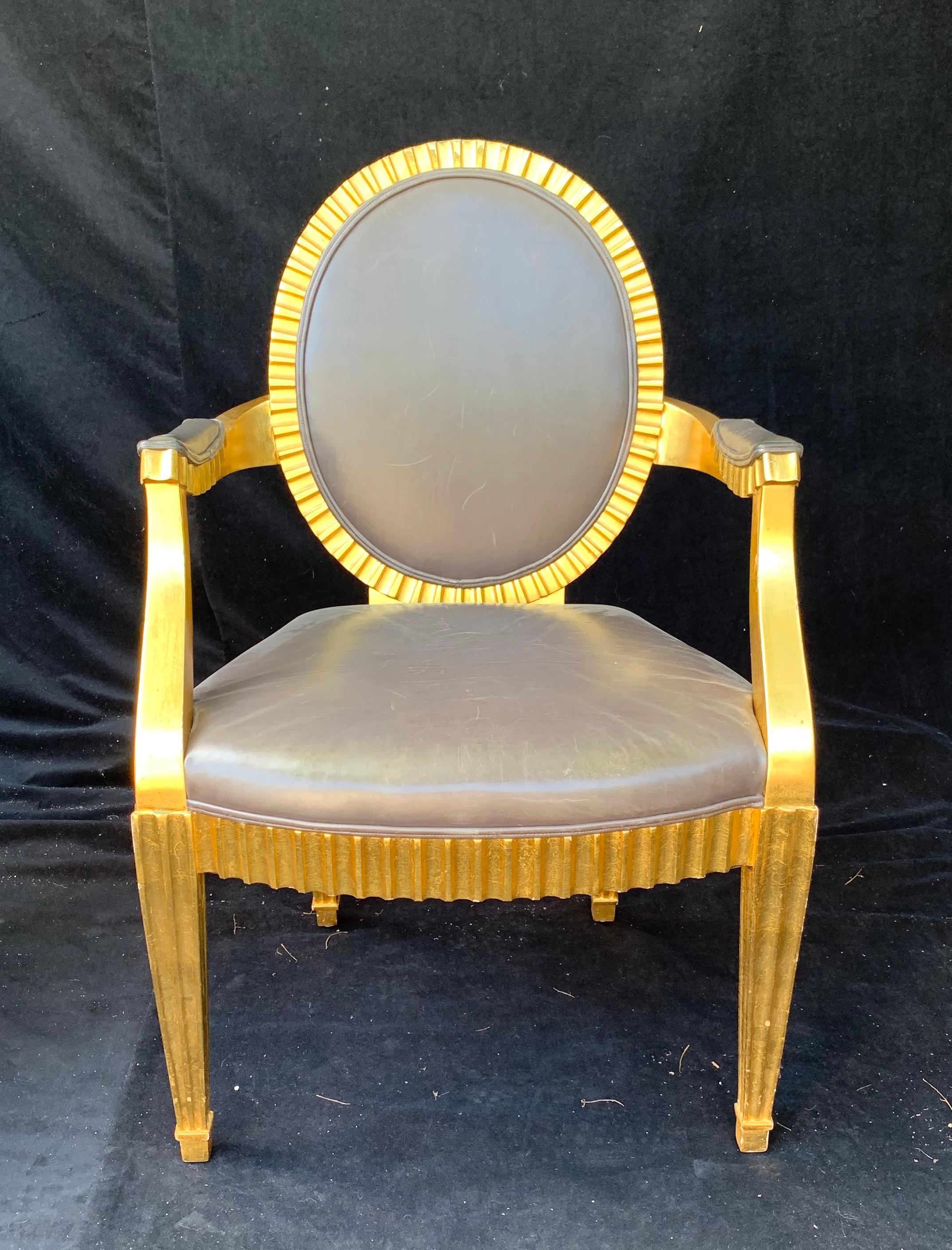 Mid-Century Modern Wonderful Set 10 John Hutton Donghia Grey Leather Gold Gilt Grand Soleil Chairs