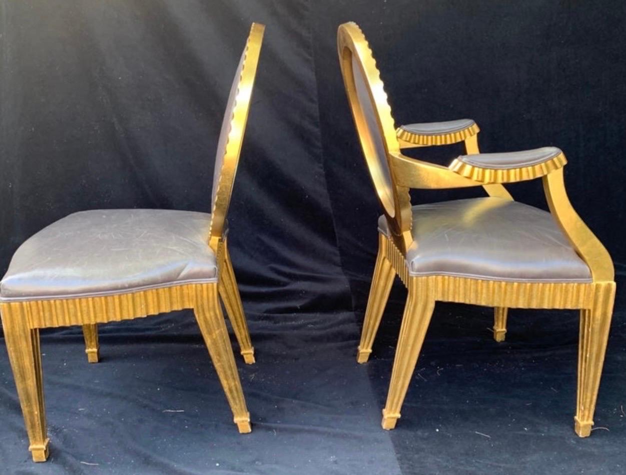 Wonderful Set 10 John Hutton Donghia Grey Leather Gold Gilt Grand Soleil Chairs In Good Condition In Roslyn, NY