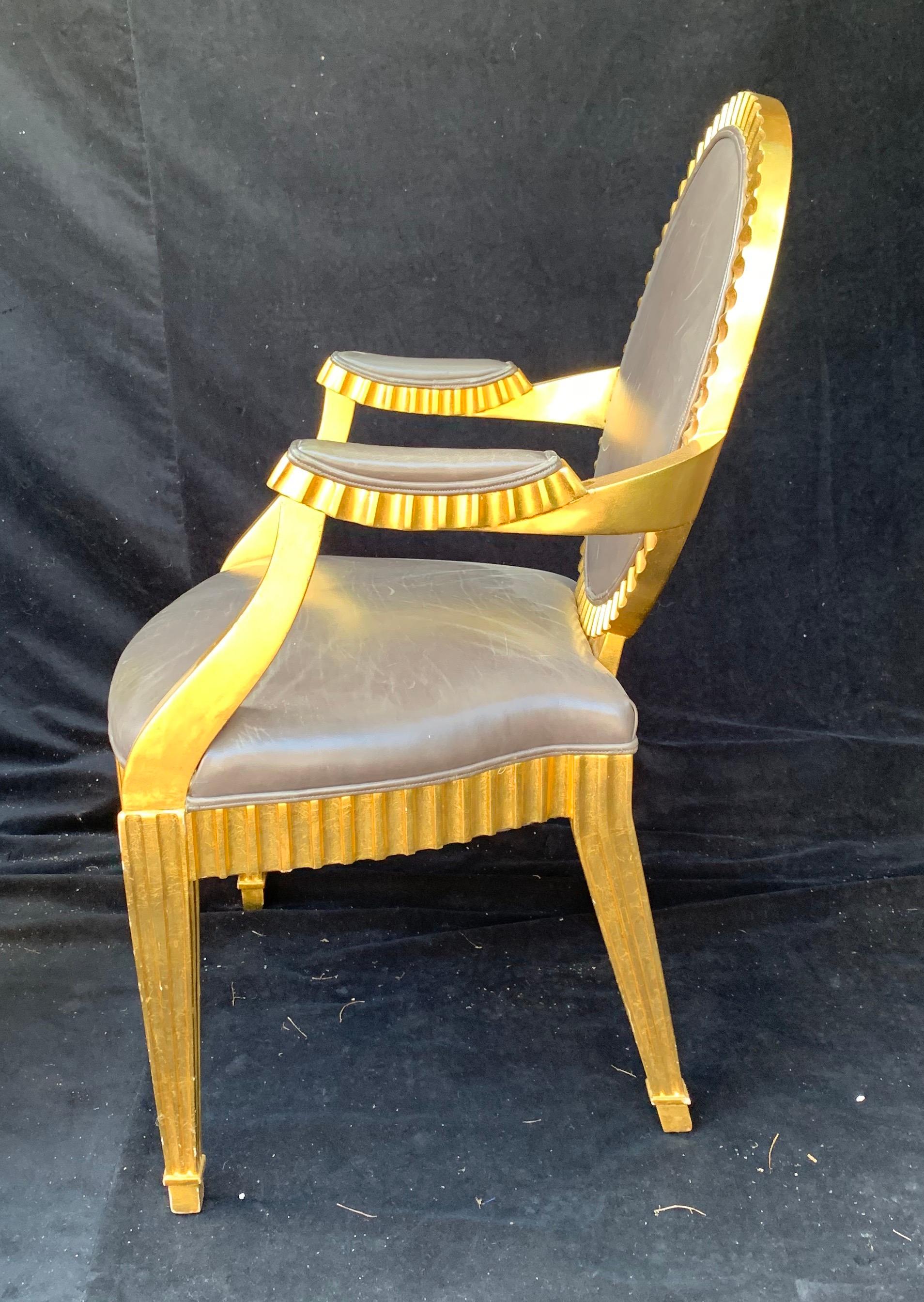 20th Century Wonderful Set 10 John Hutton Donghia Grey Leather Gold Gilt Grand Soleil Chairs