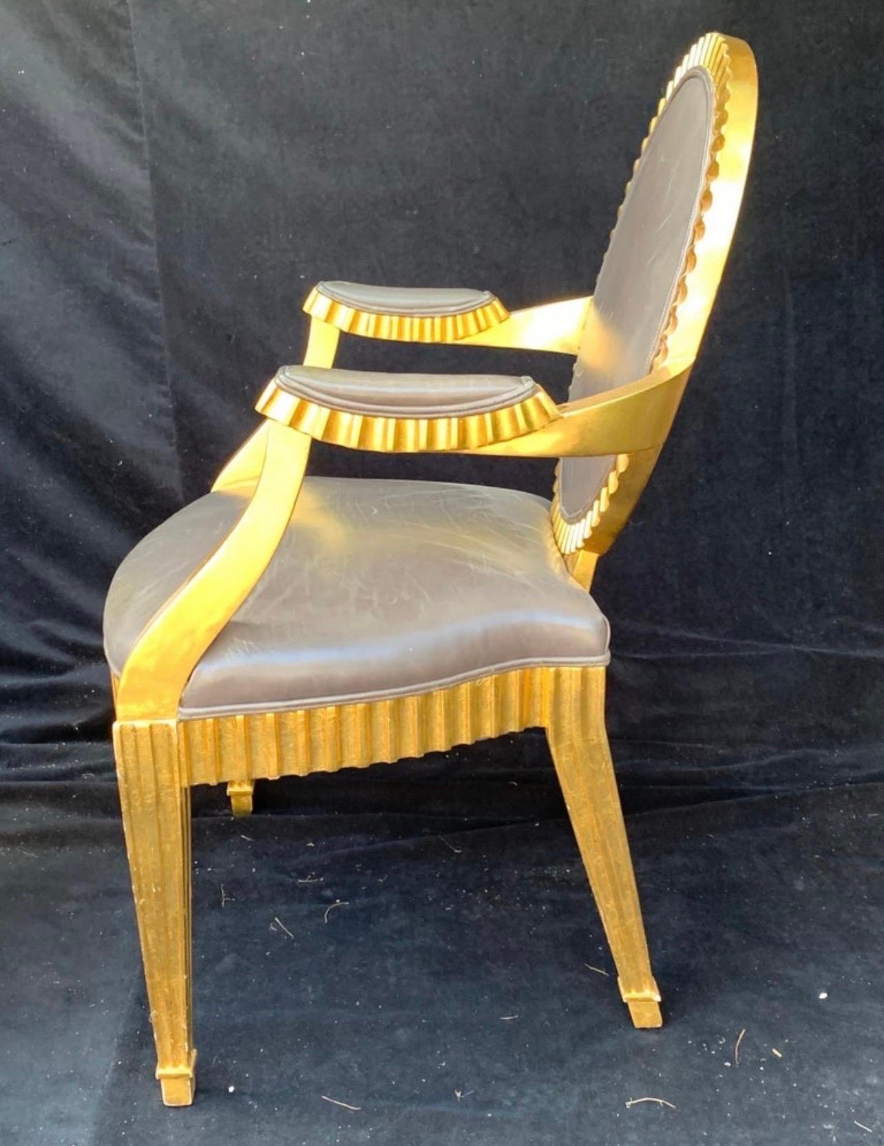20th Century Wonderful Set 10 John Hutton Donghia Grey Leather Gold Gilt Grand Soleil Chairs For Sale
