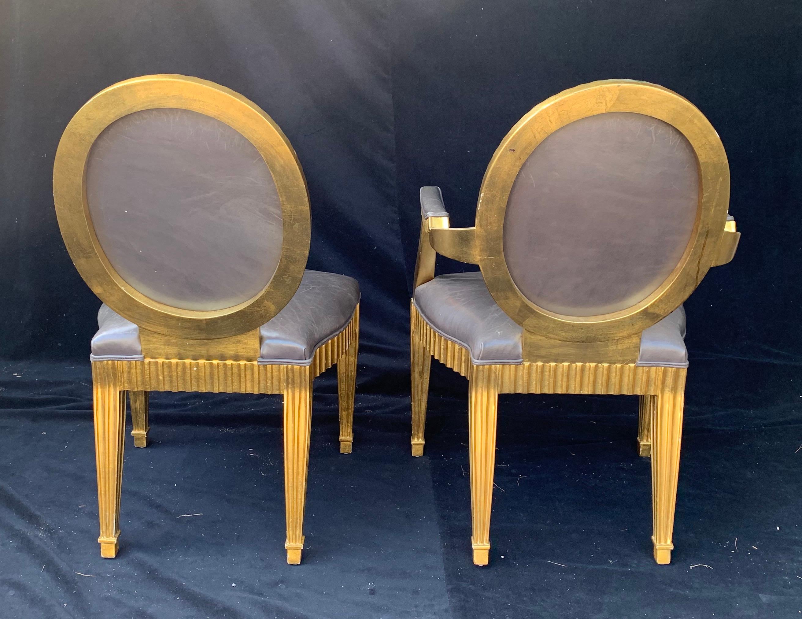 Wood Wonderful Set 10 John Hutton Donghia Grey Leather Gold Gilt Grand Soleil Chairs