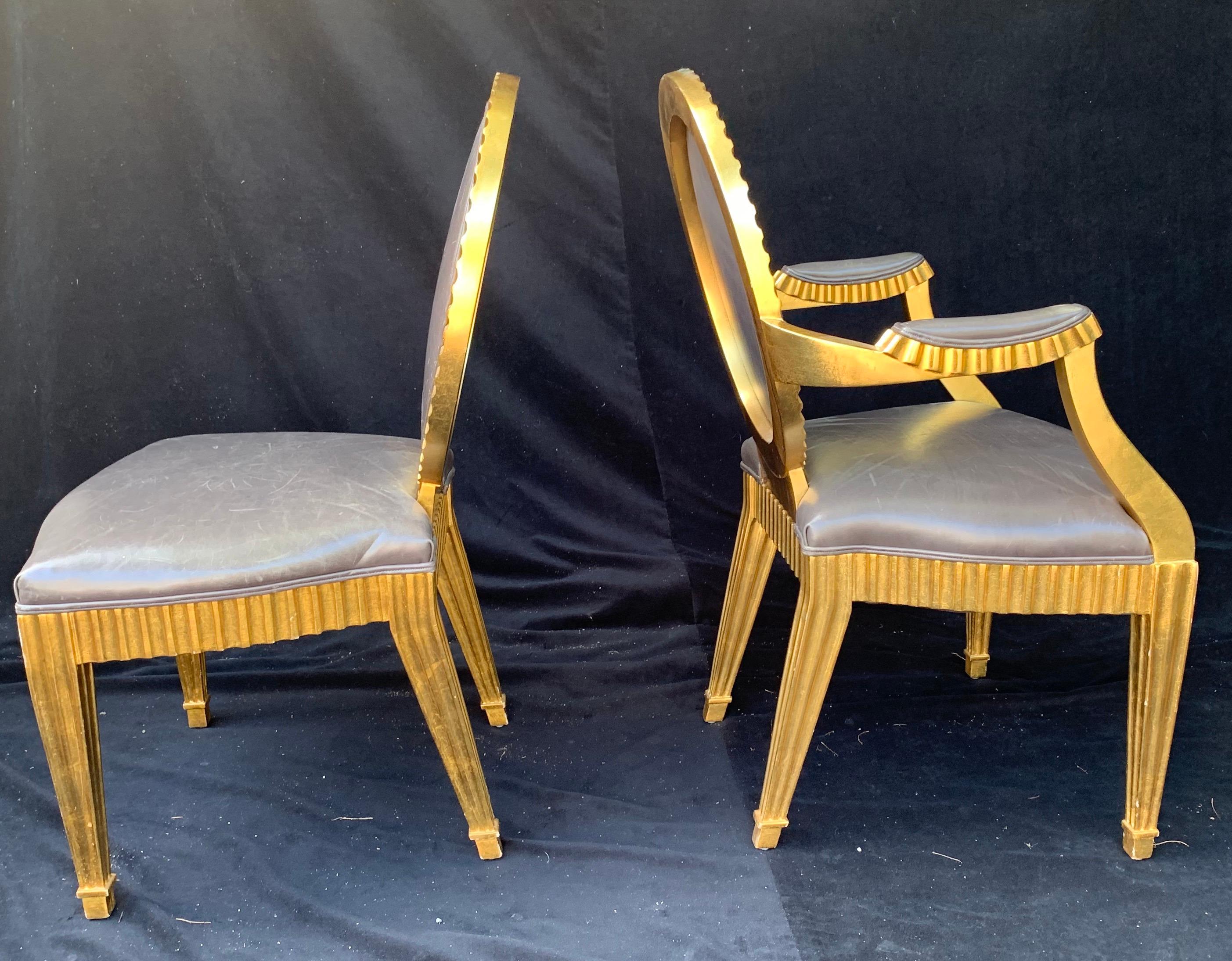 Wonderful Set 10 John Hutton Donghia Grey Leather Gold Gilt Grand Soleil Chairs 1