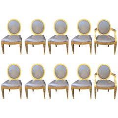 Magnifique ensemble de 10 chaises Grand Soleil John Hutton Donghia en cuir gris et doré