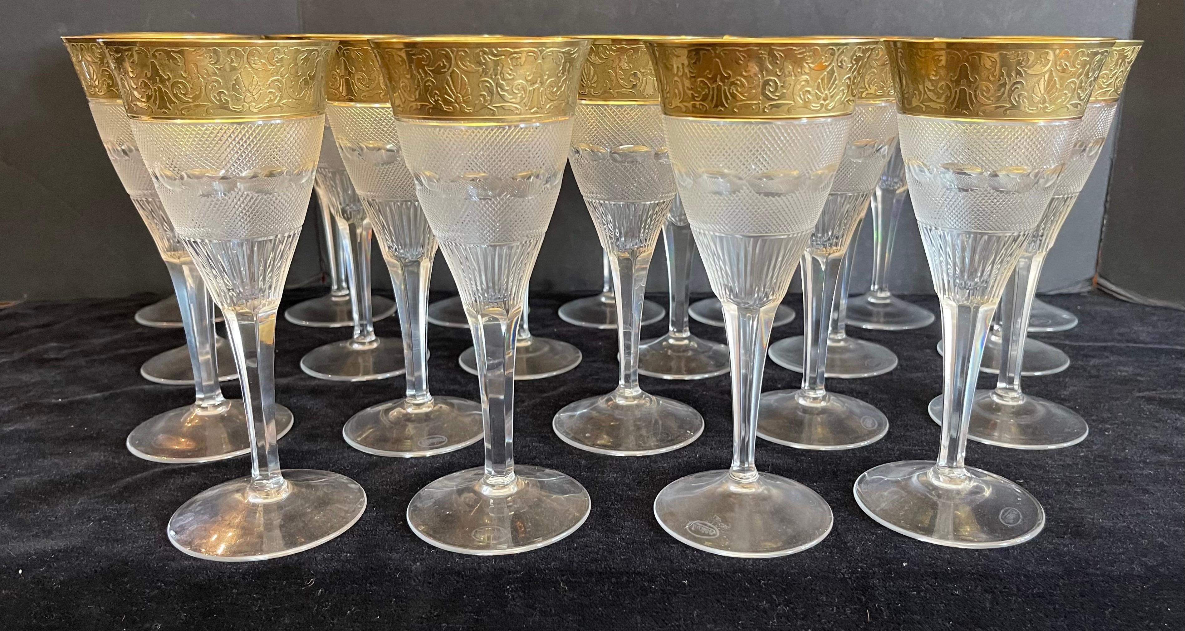 Belle Époque Wonderful Set 22 Moser Splendid Cut Crystal 24K Gold Rim Water Glasses Goblets For Sale