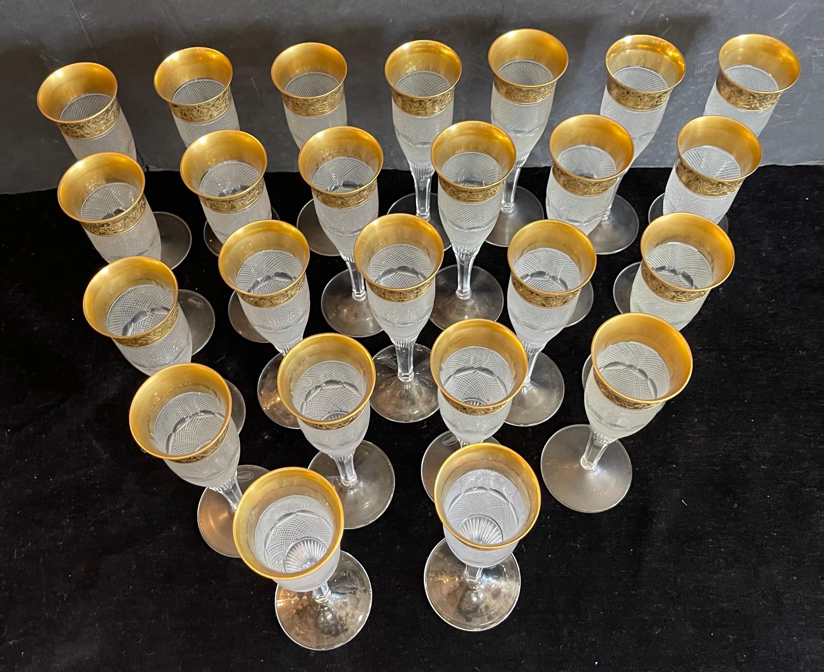 Czech Wonderful Set 24 Moser Splendid Crystal 24K Gold Rim Fluted Champagne Goblets For Sale