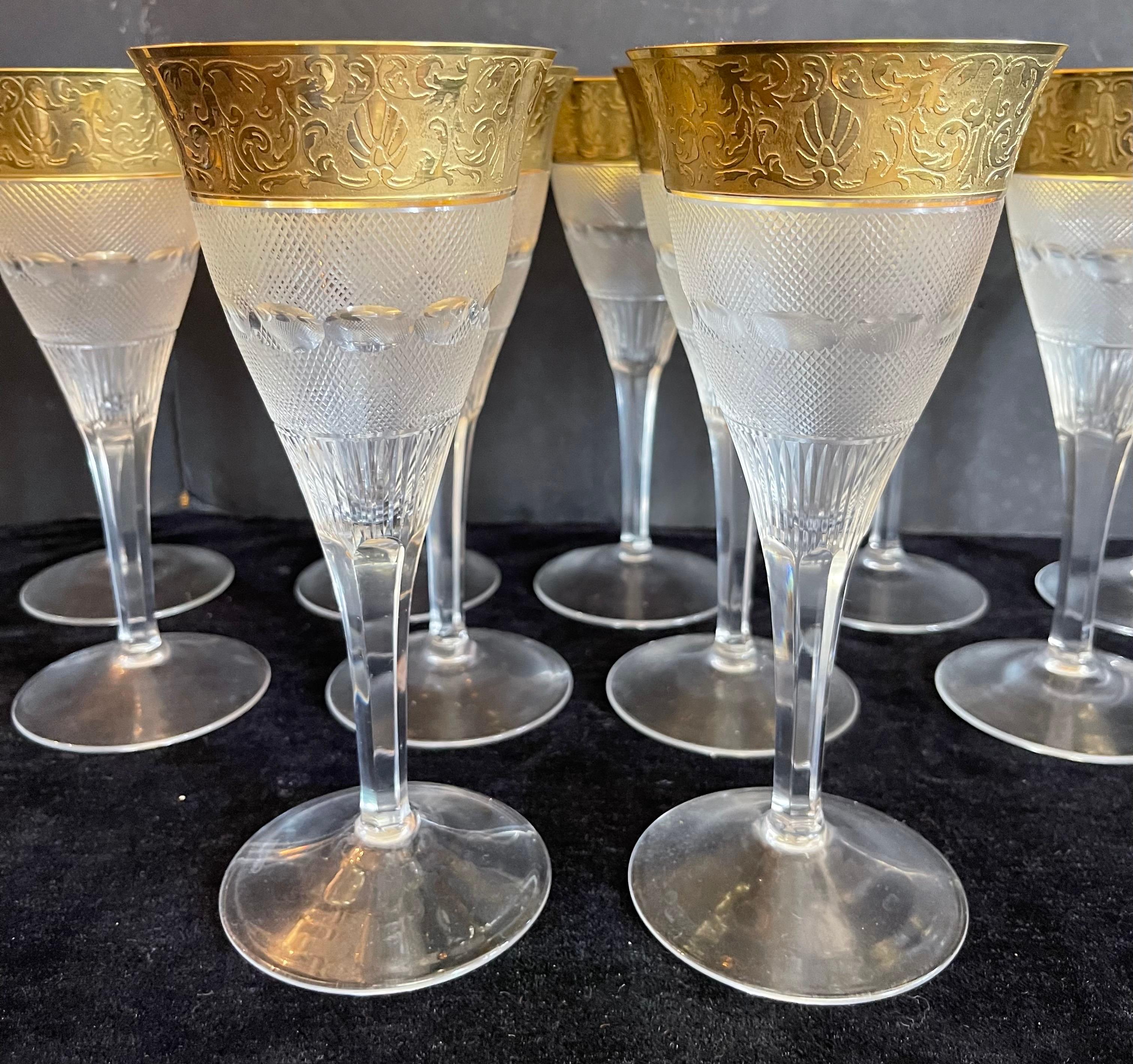 A Wonderful Set Of 25 Moser Splendid Cut Crystal 24K Gold Rim White Wine Glasses Goblets. The Splendid Pattern Originally Designed In 1911 And Quickly Became The Magnum Opus Of Moser's Patterns. The Crystal Body Is Diamond Crosscut By Hand With An
