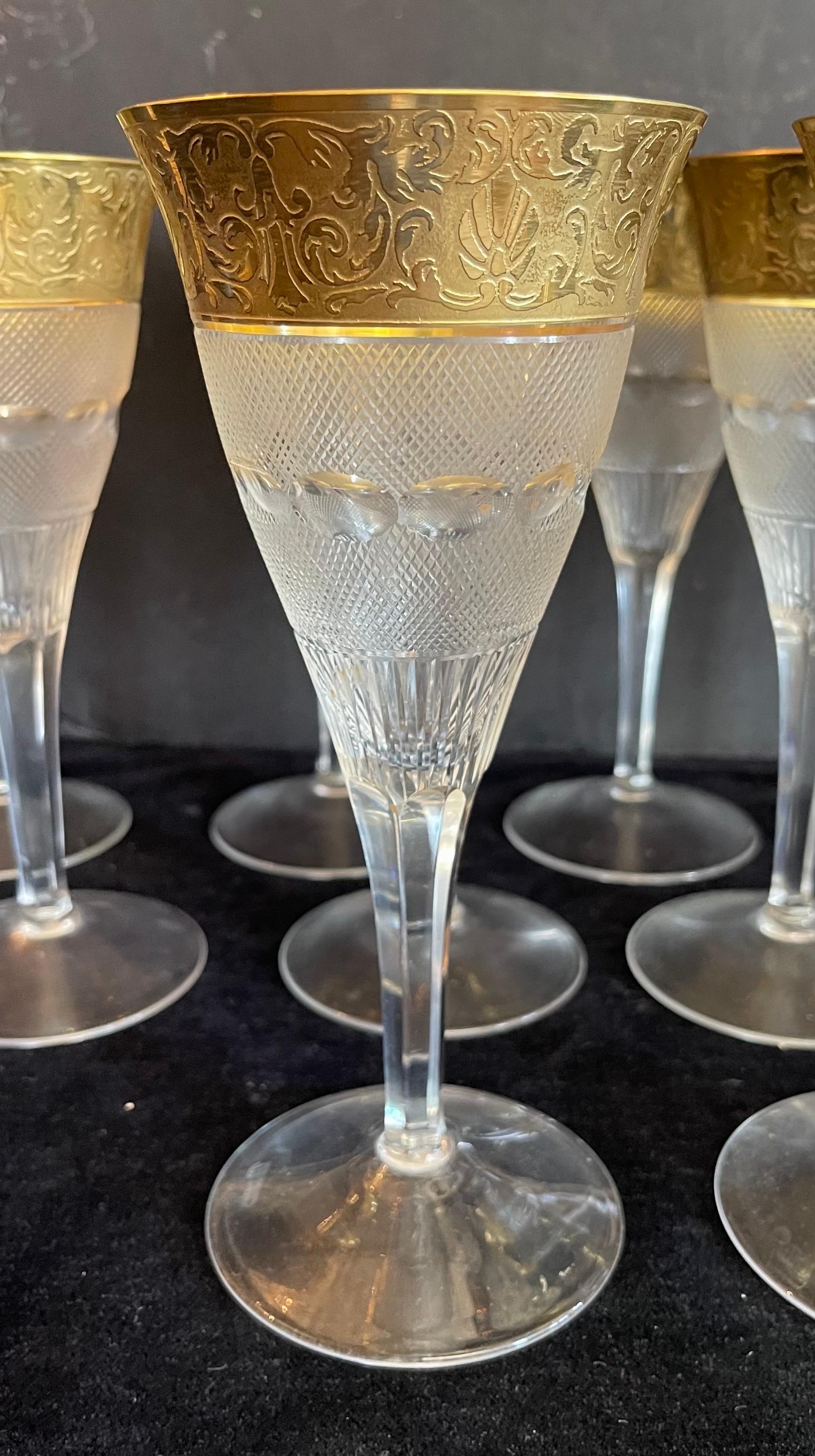 Belle Époque Wonderful Set 25 Moser Splendid Cut Crystal 24K Gold Rim Wine Glasses Goblets For Sale