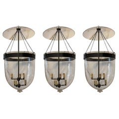 Wonderful Set 3 Brass Clear Blown Glass Bell Jar Lanterns Light Fixtures