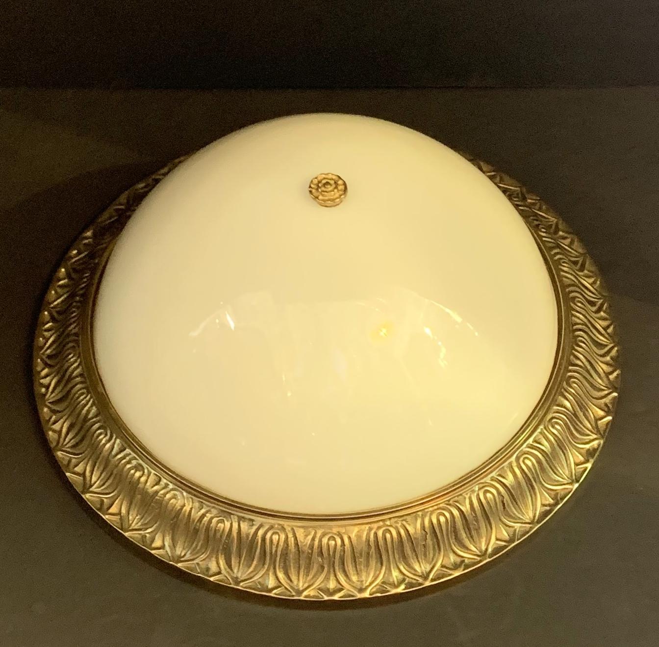 Neoclassical Wonderful Set 3 French Bronze Milk Glass Dome Flush Mount Light Fixtures