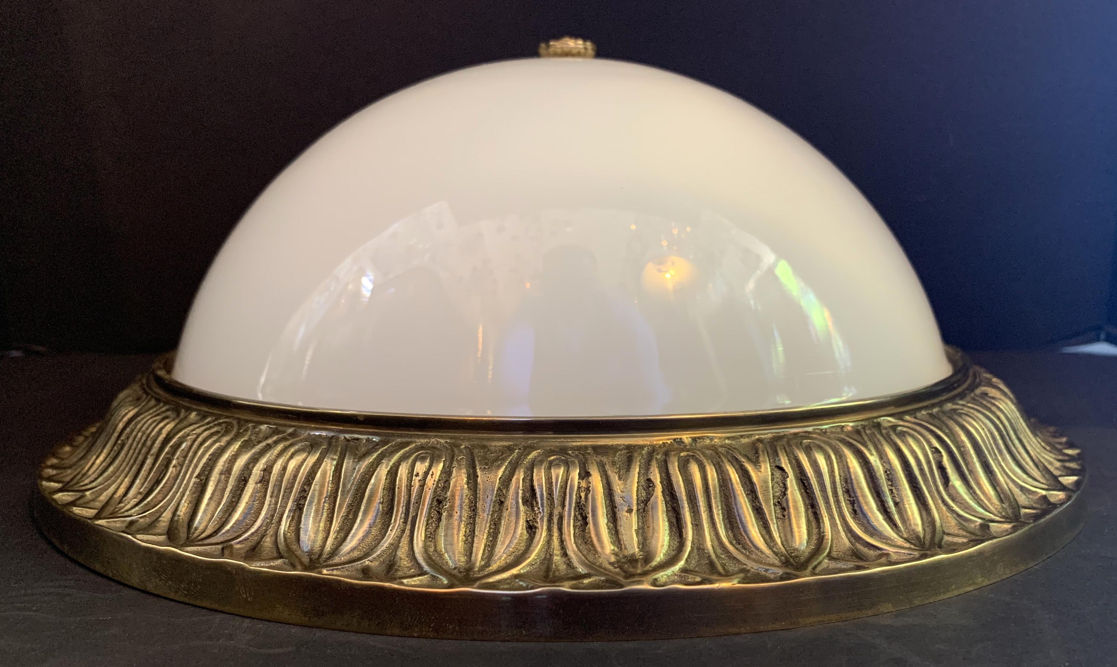 20th Century Wonderful Set 3 French Bronze Milk Glass Dome Flush Mount Light Fixtures