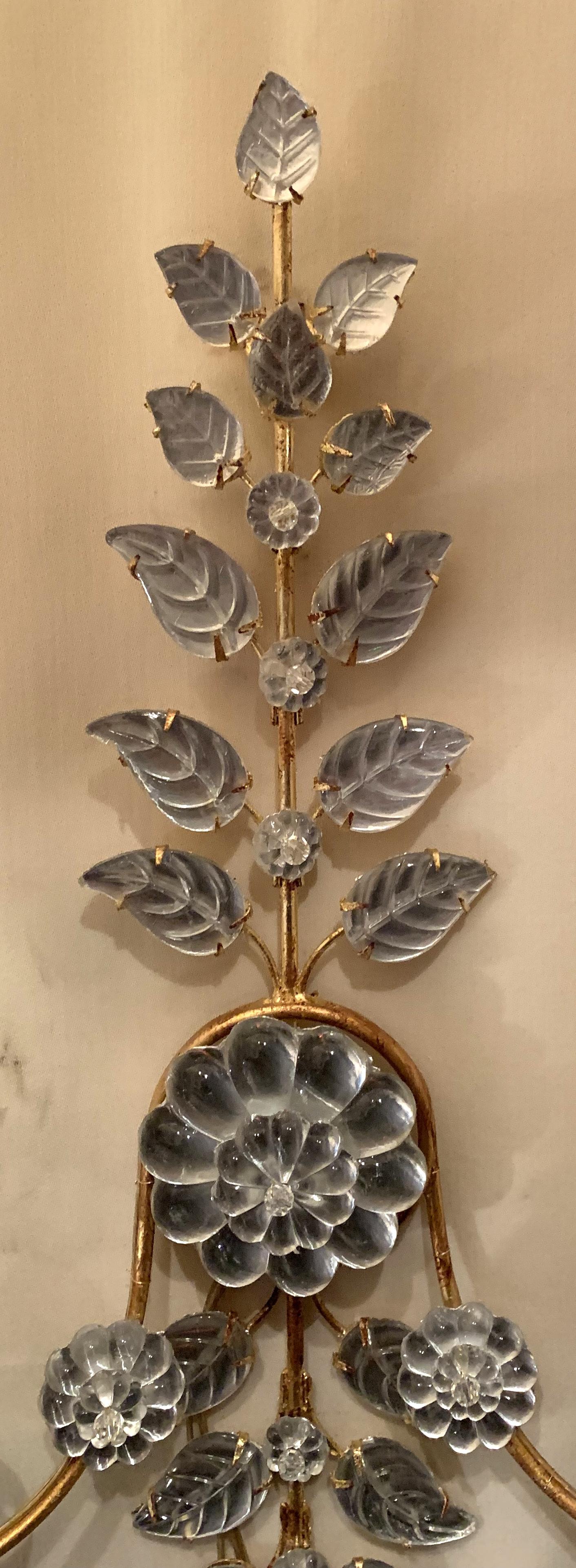 Italian Wonderful Set 4 2 Pair Vintage Bagues Flower Leaf Crystal Drop Two-Light Sconces