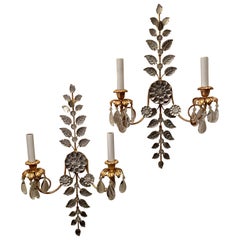 Wonderful Set 4 2 Pair Vintage Bagues Flower Leaf Crystal Drop Two-Light Sconces