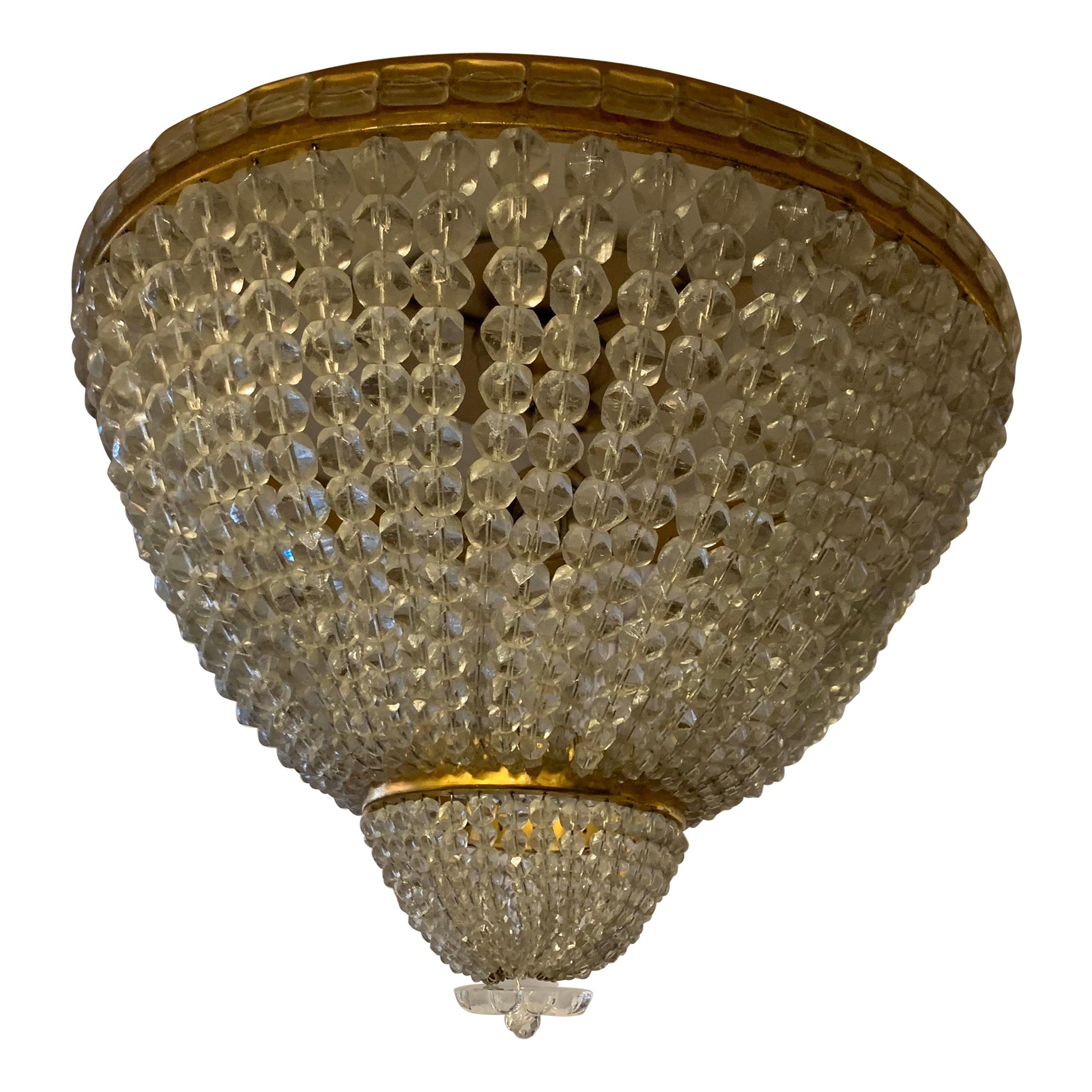 Set of 4 Beaded Crystal Basket Flush Mount Brass Ceiling Light Fixtures For Sale