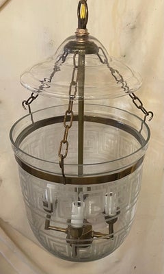 Wonderful Set 4 Brass Etched Greek Key Glass Bell Jar Lanterns Light Fixtures