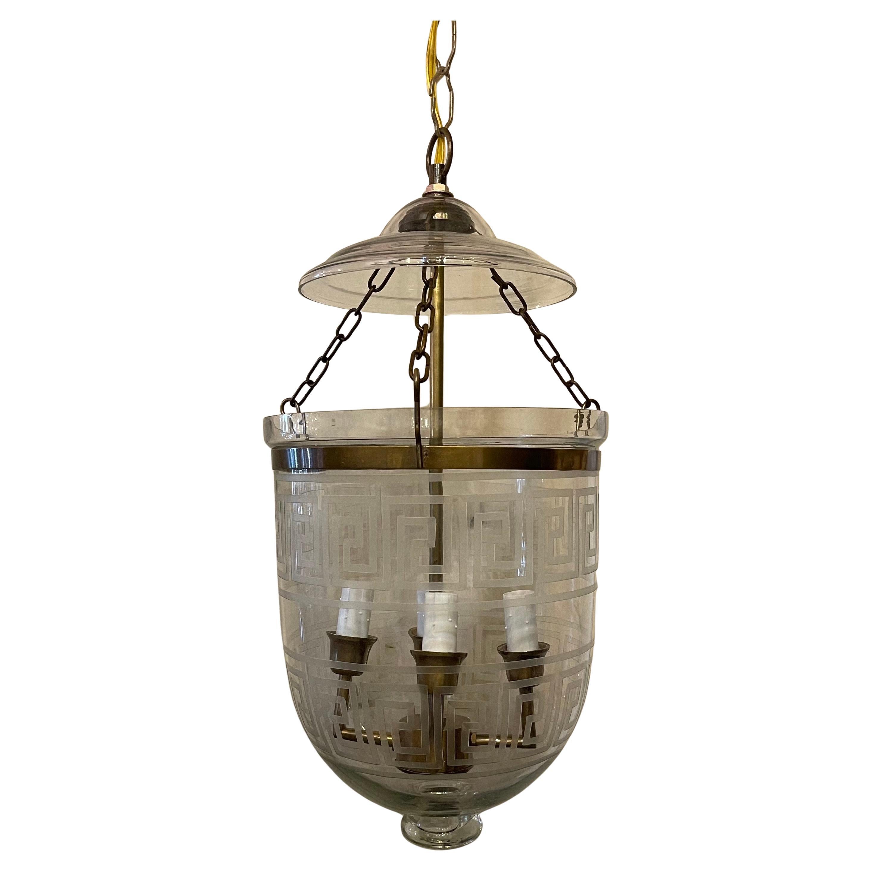 Wonderful Set 4 Brass Etched Greek Key Glass Bell Jar Lanterns Light Fixtures
