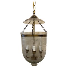 Wonderful Set 4 Brass Etched Greek Key Glass Bell Jar Lanterns Light Fixtures