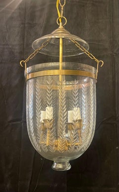 Wonderful Brass Etched Laurel Leaf Glass Bell Jar Lanterns Light Fixture