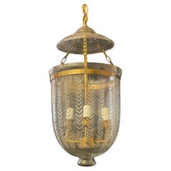 Wonderful Set 4 Brass Etched Laurel Leaf Glass Bell Jar Lanterns Light Fixtures