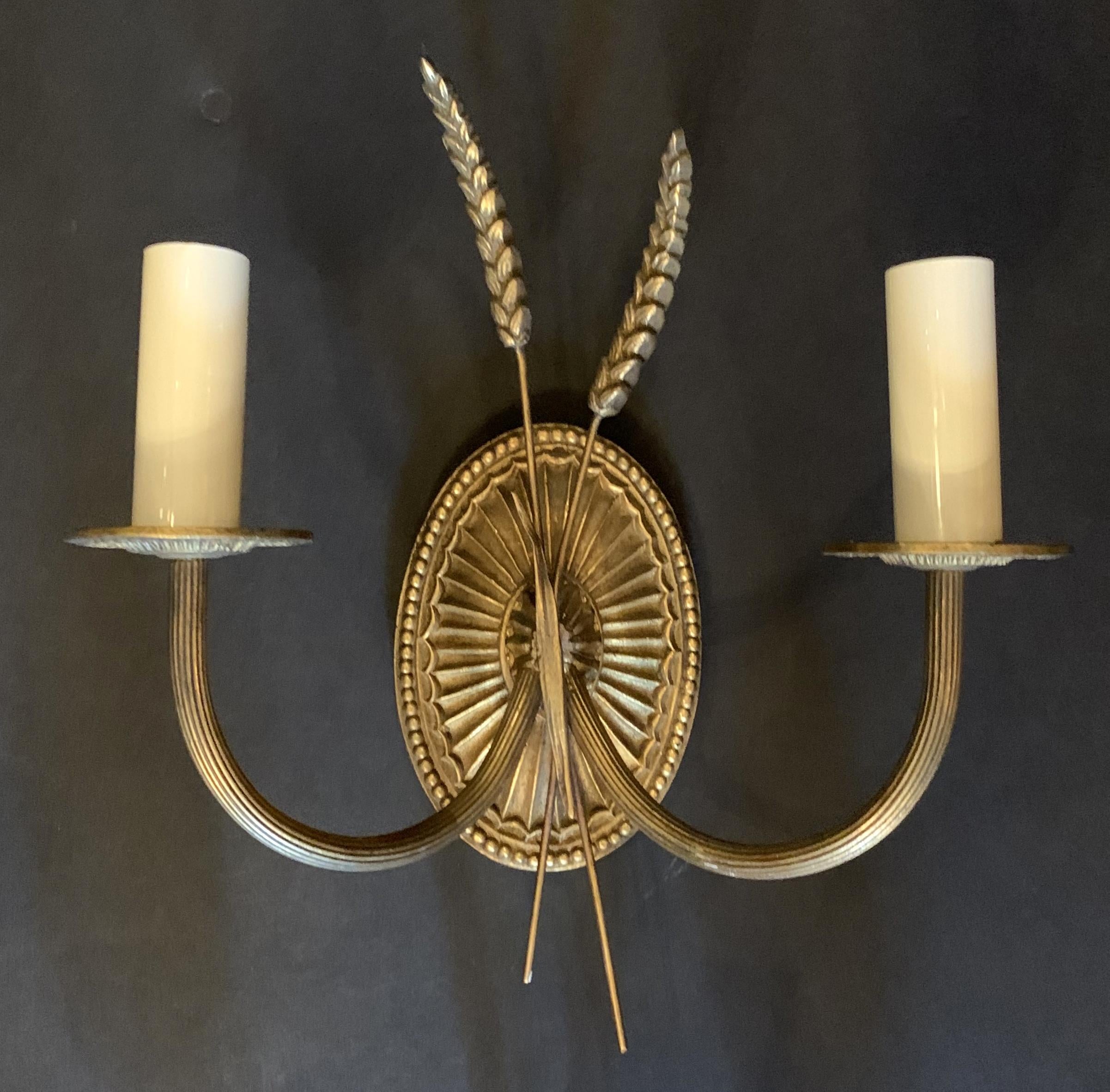 Wonderful Pair Of Bronze Wheat Oval Regency Classical 2-Light Sconces In Good Condition In Roslyn, NY