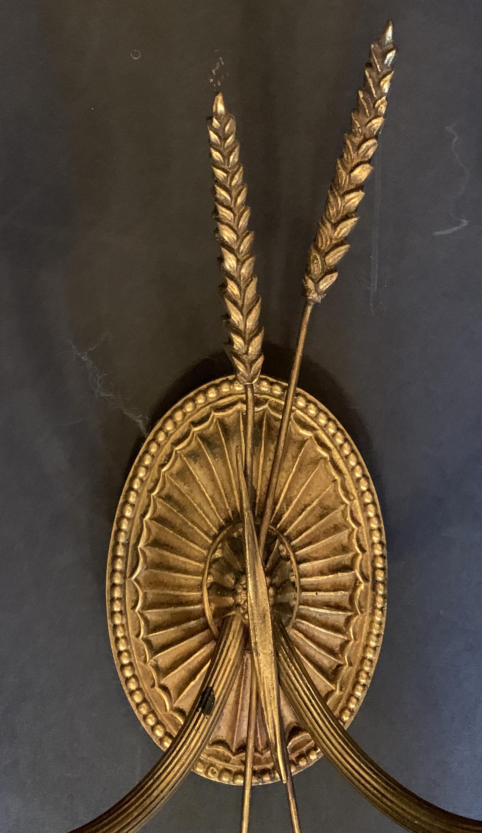 Wonderful Pair Of Bronze Wheat Oval Regency Classical 2-Light Sconces 1