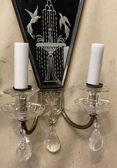 Wonderful Set 4 Czechoslovakian Etched Mirror Rock Crystal Art Glass Sconces