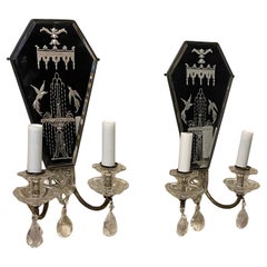 Wonderful Set 4 Czechoslovakian Etched Mirror Rock Crystal Art Glass Sconces