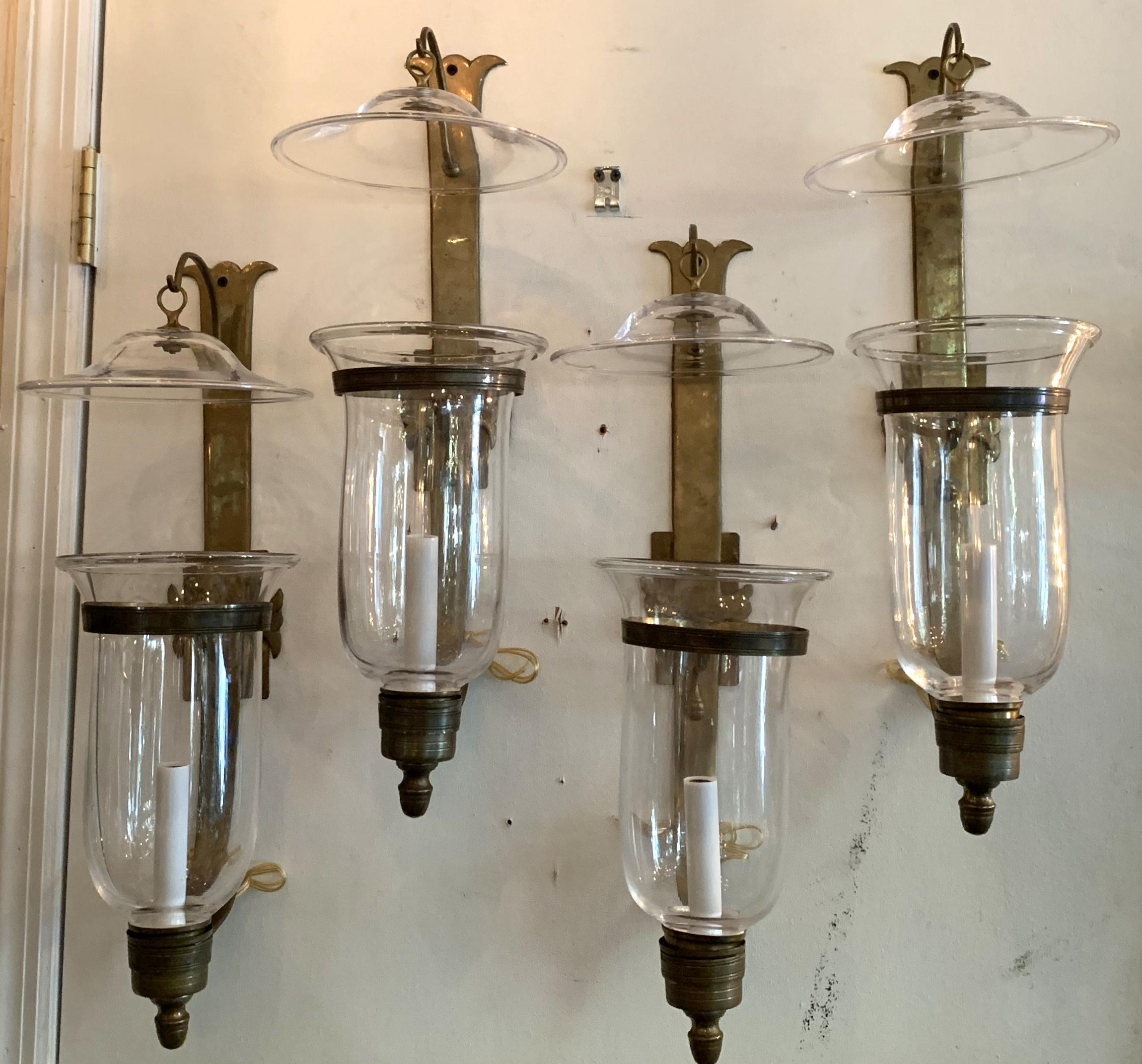 Wonderful Set 4 English Regency Bronze Hurricane Glass Lantern Sconces 4