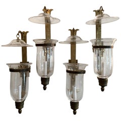 Wonderful Set 4 English Regency Bronze Hurricane Glass Bellow Lantern Sconces