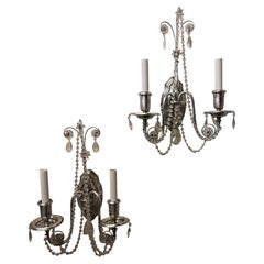 Maravilloso juego de 4 piezas de Four Sterling Bronze Co. Apliques niquelados con guirnaldas de cristal