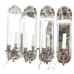 Wonderful Set 4 Vaughan "Welford" Regency Moderne Etched Mirrored Bronze Sconces