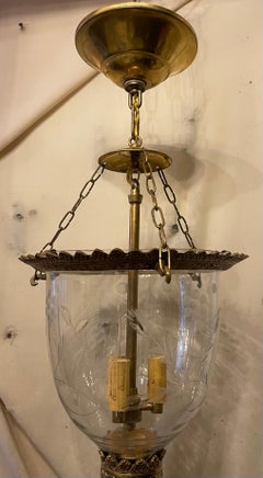 Wonderful Set 6 Gilt Bronze Etched Glass Bell Jar Lantern Chandeliers Fixtures