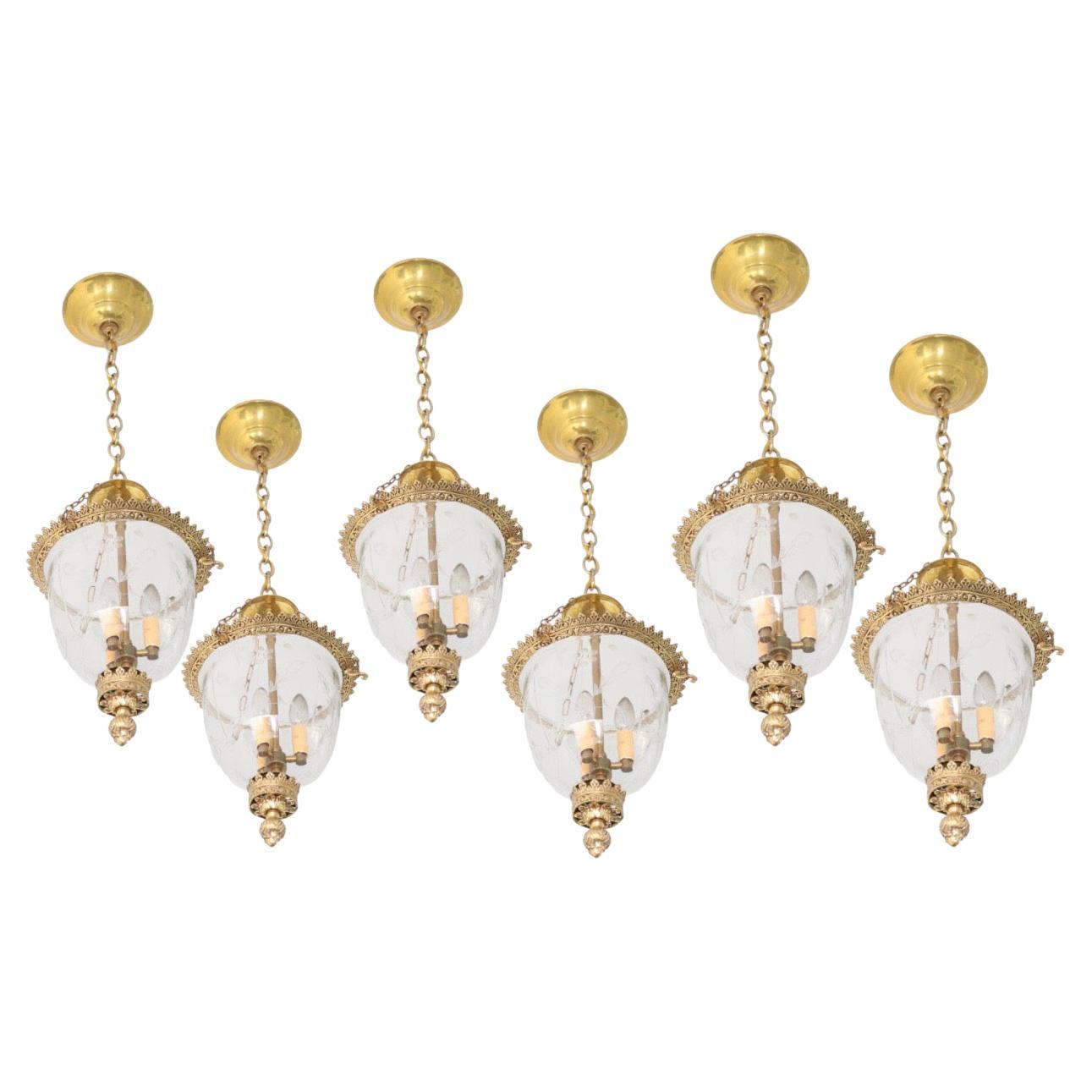Wonderful Set 6 Gilt Bronze Etched Glass Bell Jar Lantern Chandeliers Fixtures