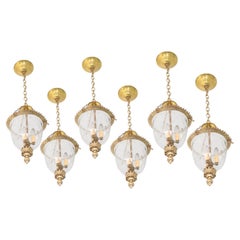Wonderful Set 6 Gilt Bronze Etched Glass Bell Jar Lantern Chandeliers Fixtures