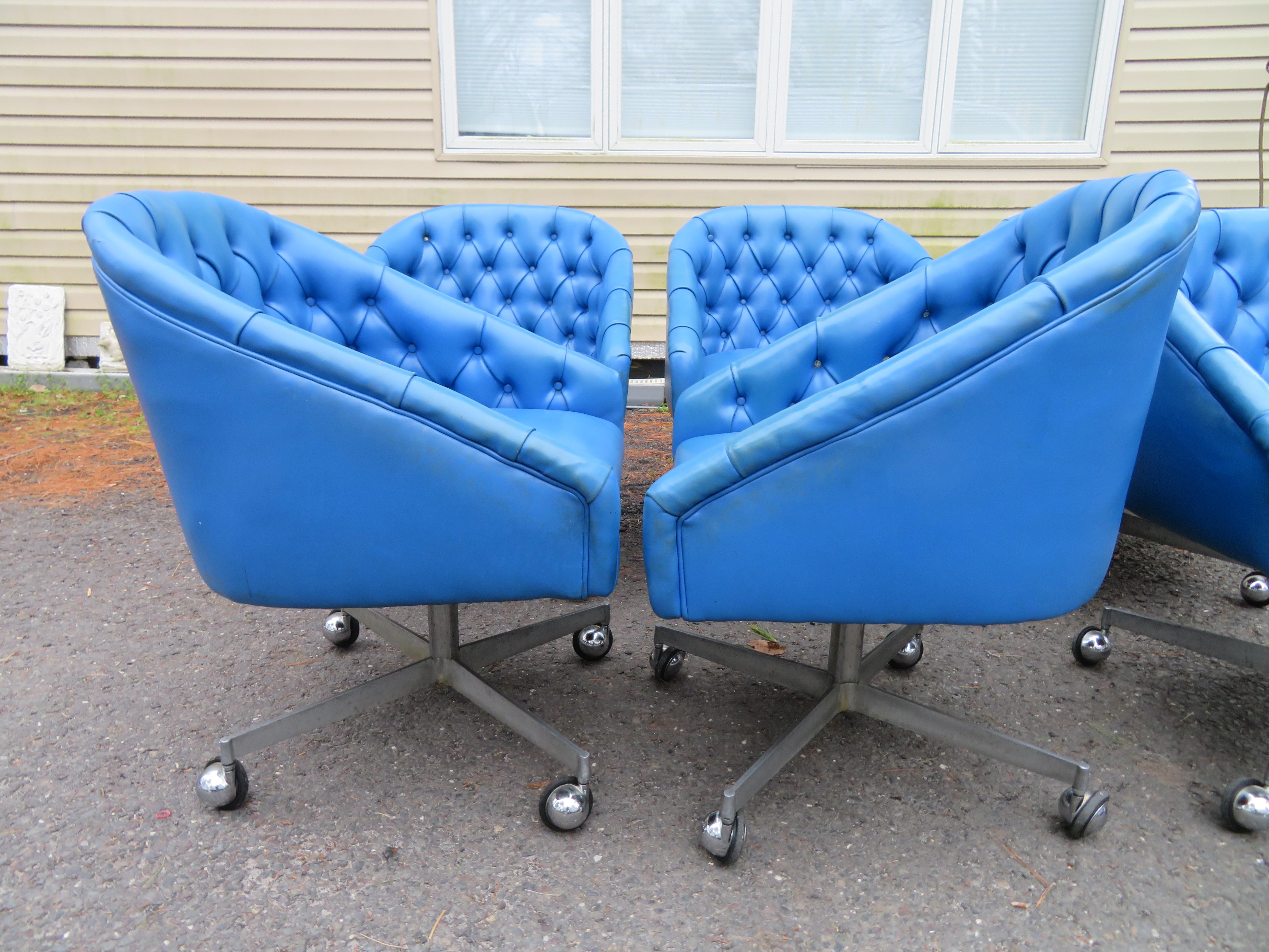 Mid-Century Modern Wonderful Set 6 Ward Bennett Style Rolling Swivel Chairs Tufted Midcentury For Sale