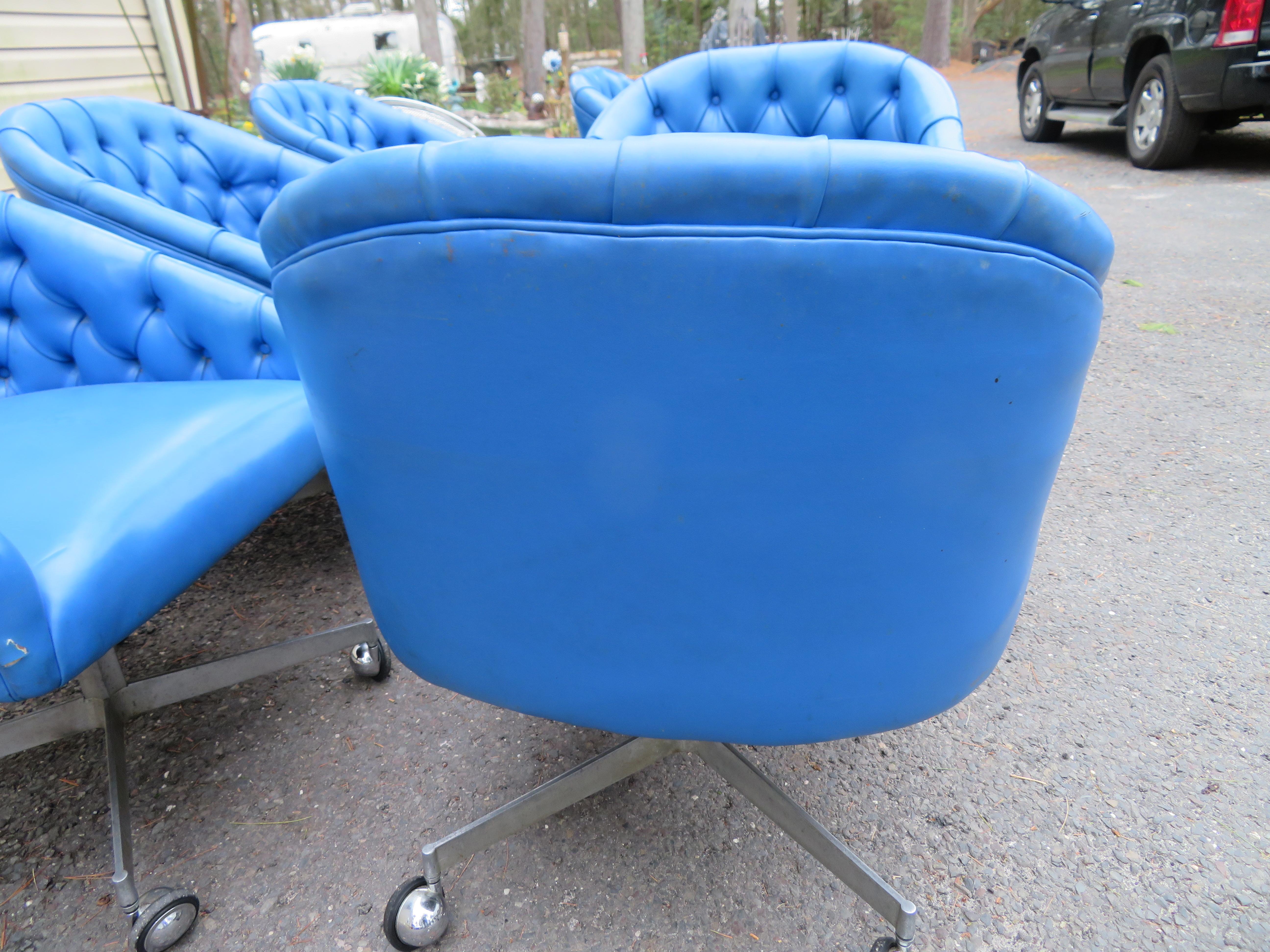 American Wonderful Set 6 Ward Bennett Style Rolling Swivel Chairs Tufted Midcentury For Sale