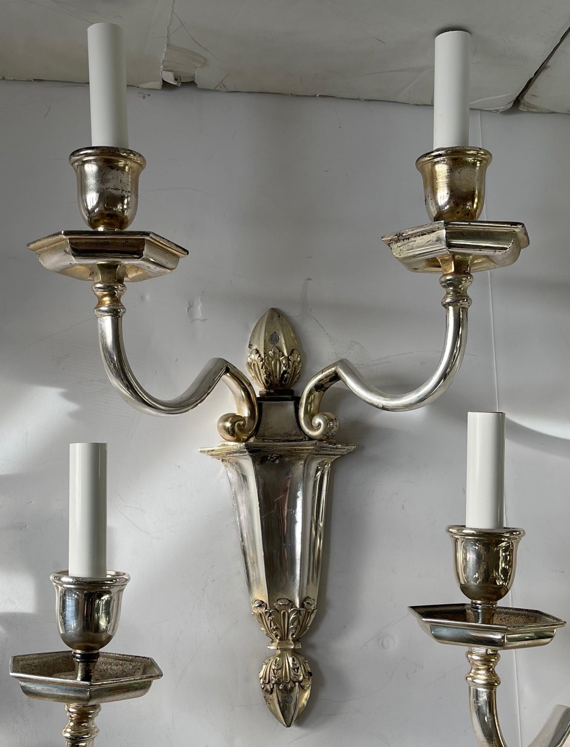 20th Century Wonderful Pair E.F. Caldwell Silvered Bronze Neoclassical 2-Light Wall Sconces For Sale