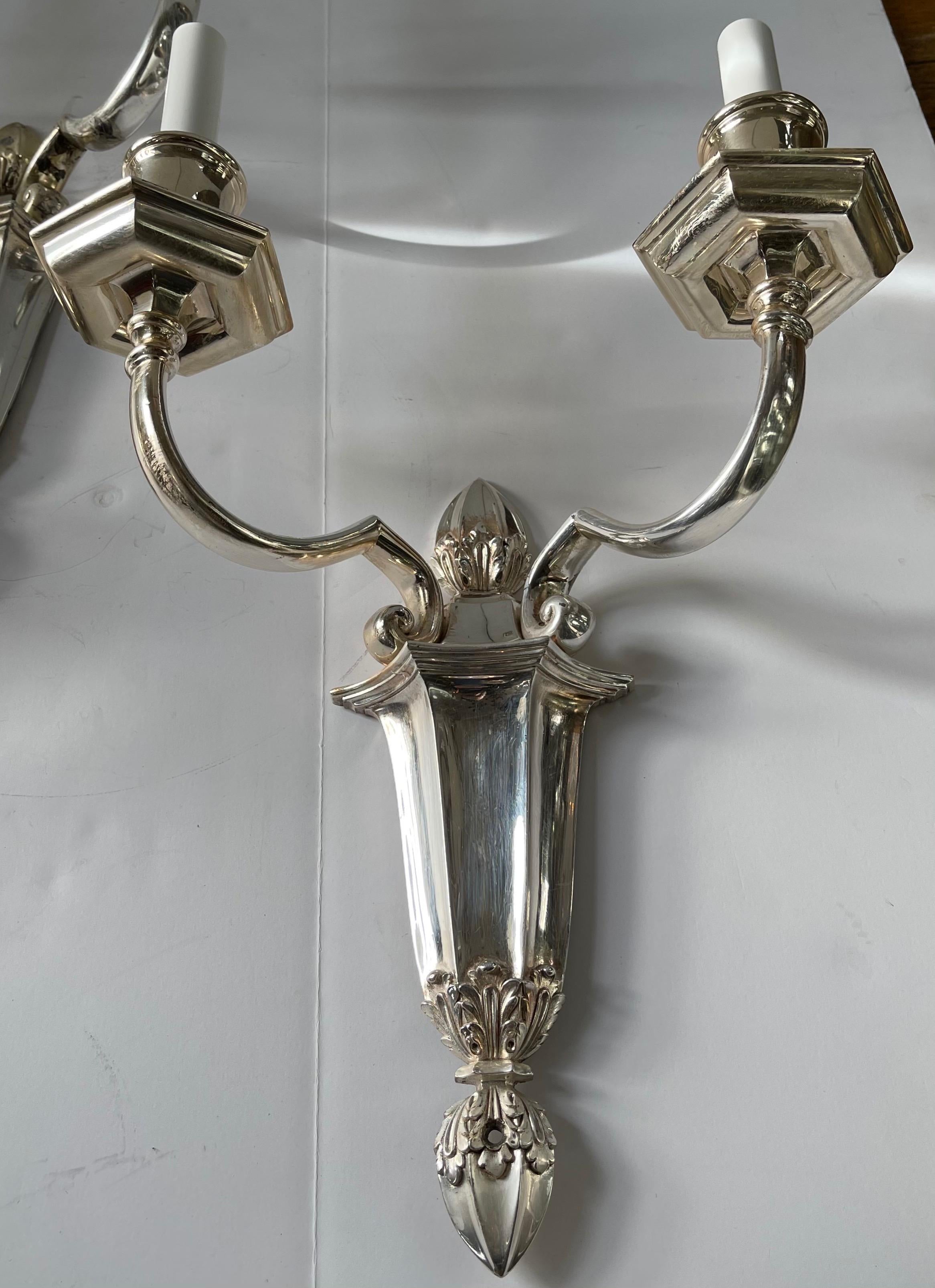 Wonderful Pair E.F. Caldwell Silvered Bronze Neoclassical 2-Light Wall Sconces For Sale 2