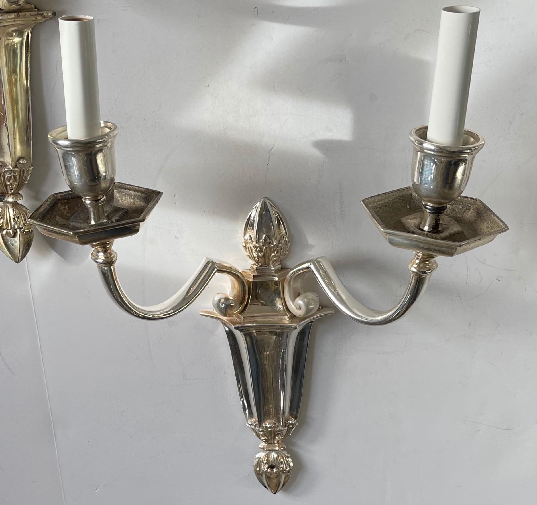 Wonderful Pair E.F. Caldwell Silvered Bronze Neoclassical 2-Light Wall Sconces For Sale 3