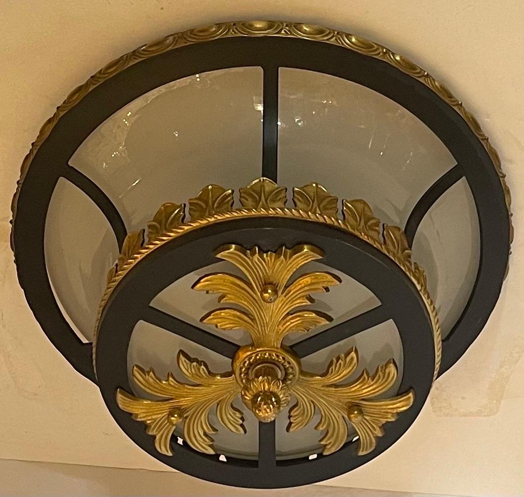 Wonderful French Iron Ormolu Bronze Frosted Glass Flush Mount Ceiling Fixture In Good Condition In Roslyn, NY