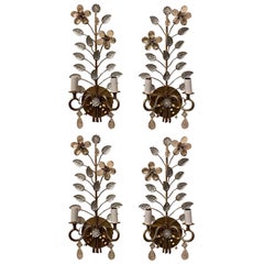Wonderful Set Four Gold Gilt Rock Crystal Flower Leaf Bow Bagues 2 Pairs Sconces