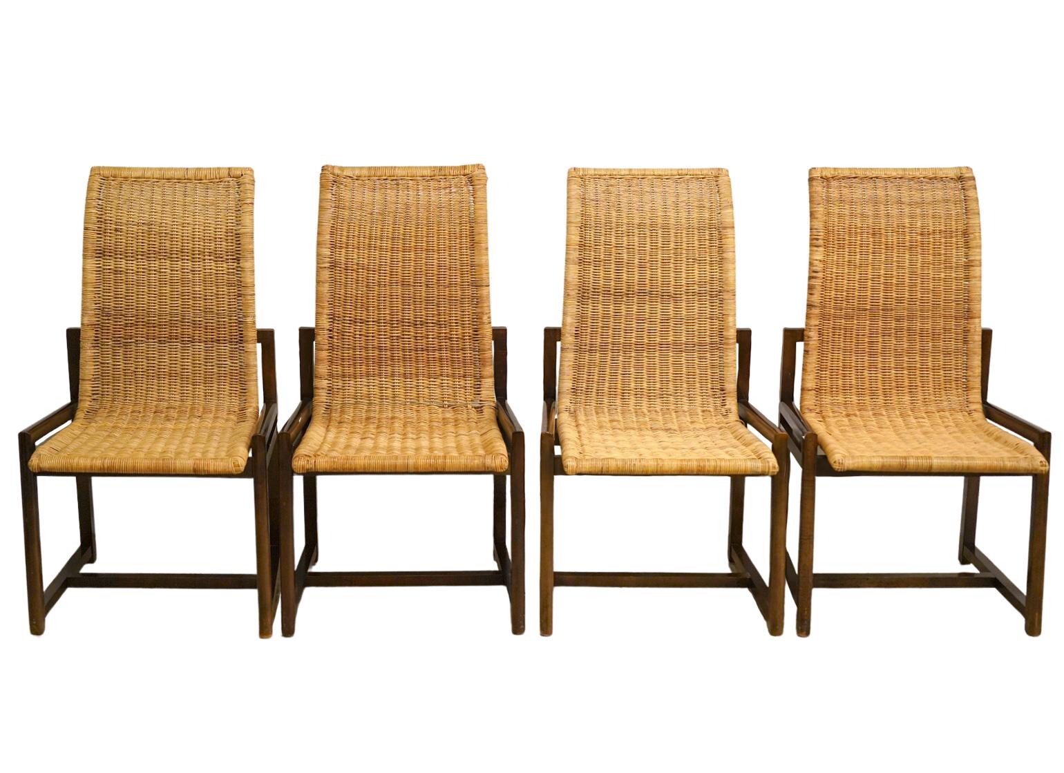 Set of 10 high-back rattan dining chairs. Made by Century Furniture Company but are unmarked. We have 2 arms chairs and 8 side chairs. Measure: Arm height is 25